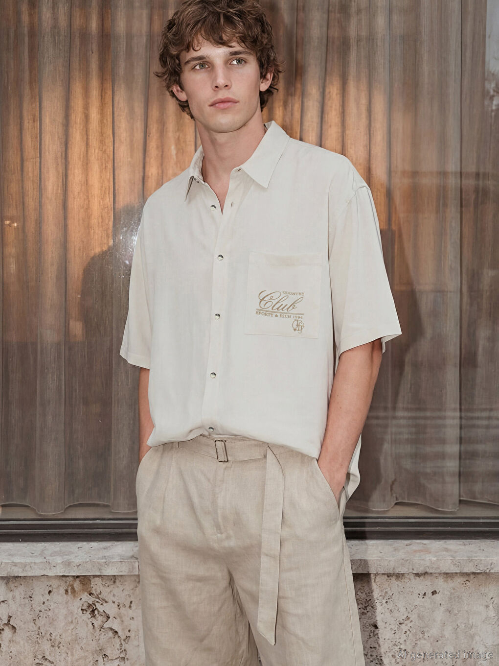 Ekru Loose Fit Nakışlı Erkek Gömlek-1