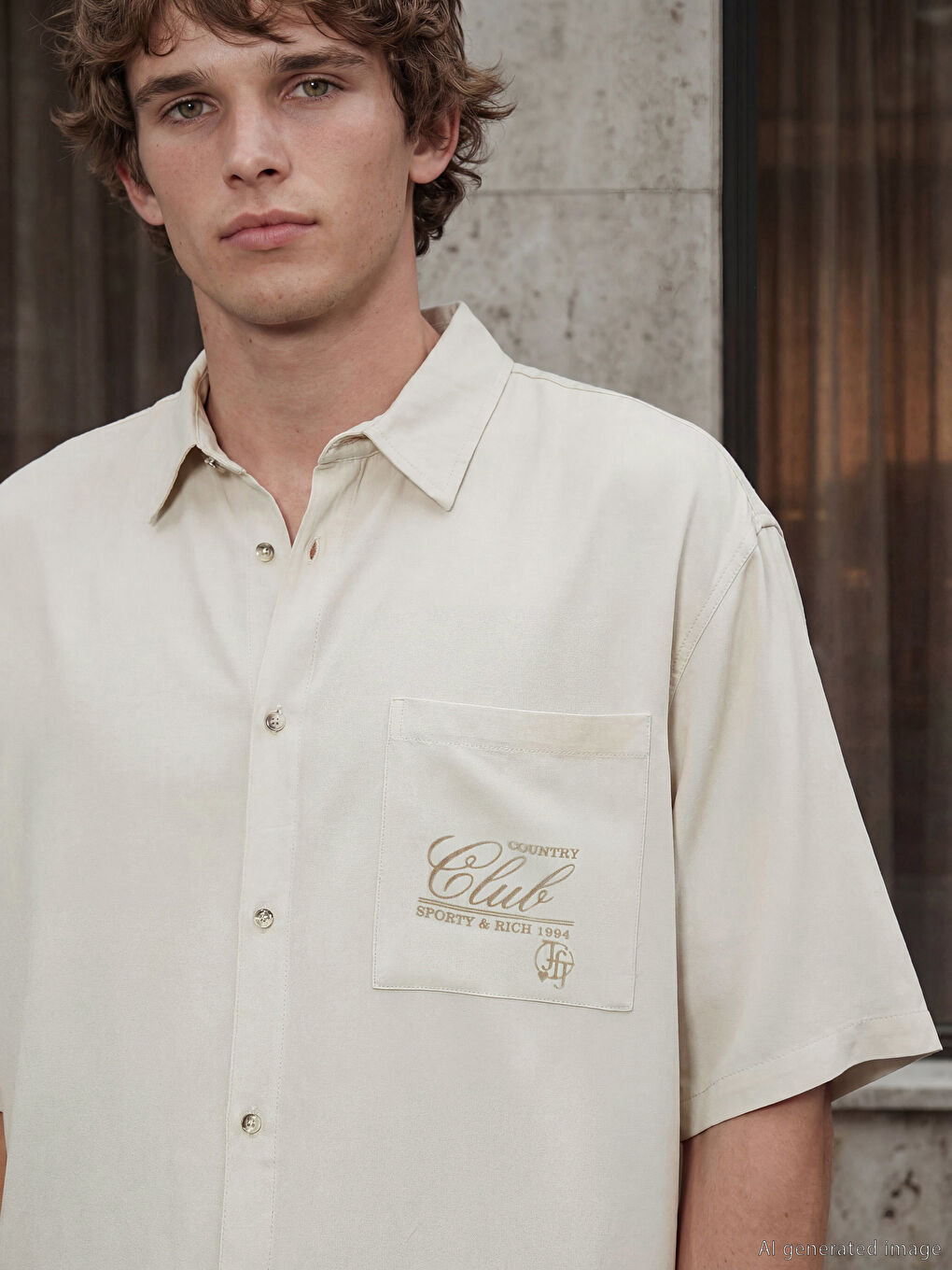 Ekru Loose Fit Nakışlı Erkek Gömlek-2