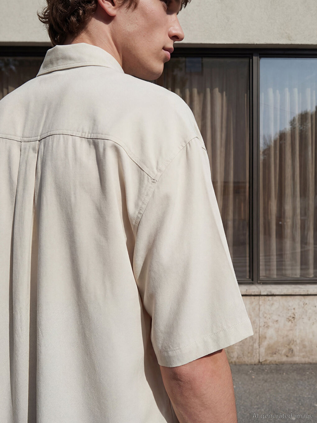 Ekru Loose Fit Nakışlı Erkek Gömlek-3