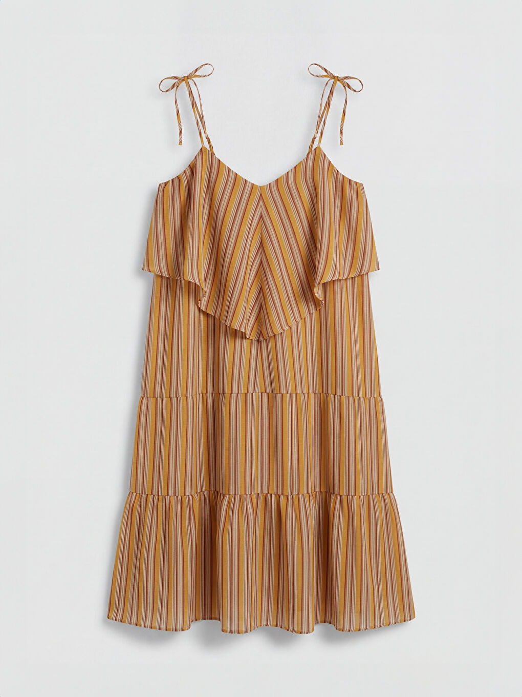 Turuncu İp Askılı Çizgili Fırfırlı Katkat Elbise-5