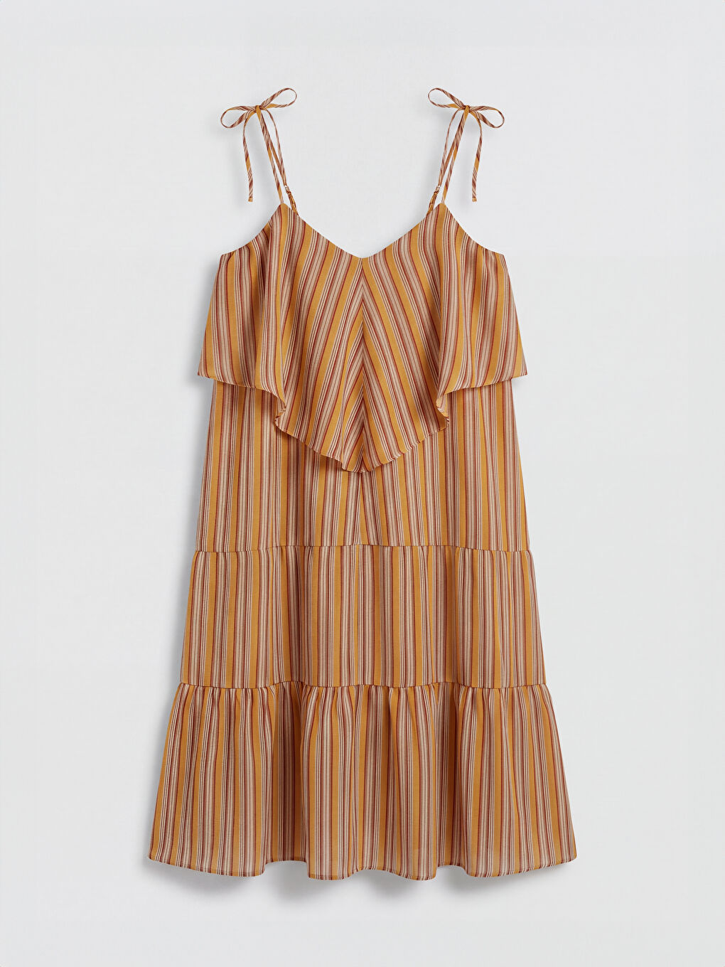 Turuncu İp Askılı Çizgili Fırfırlı Katkat Elbise-6