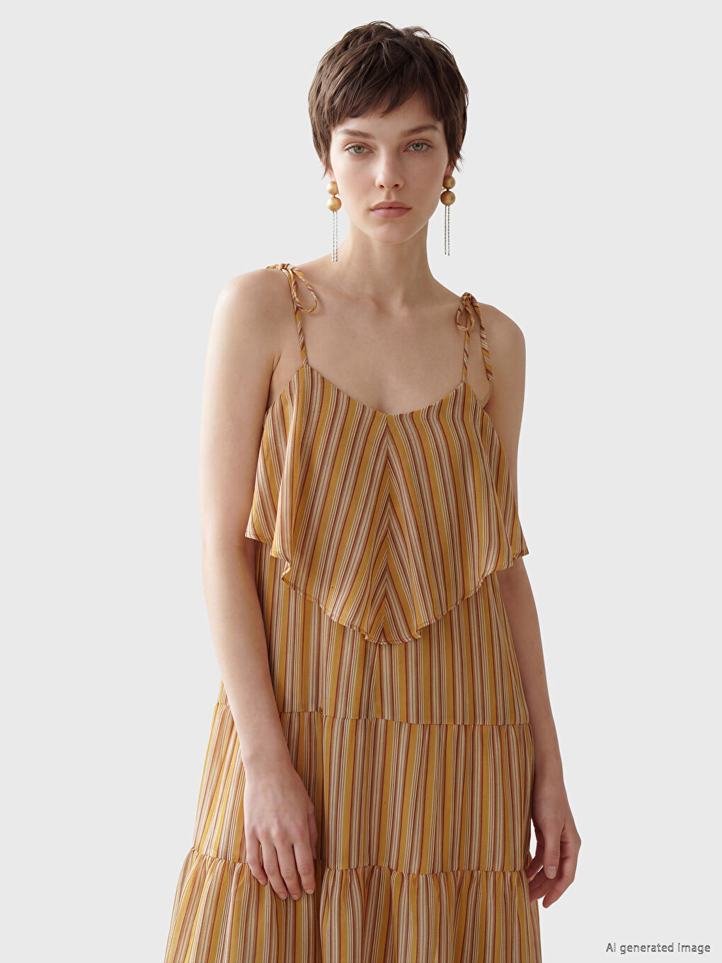 Turuncu İp Askılı Çizgili Fırfırlı Katkat Elbise-2