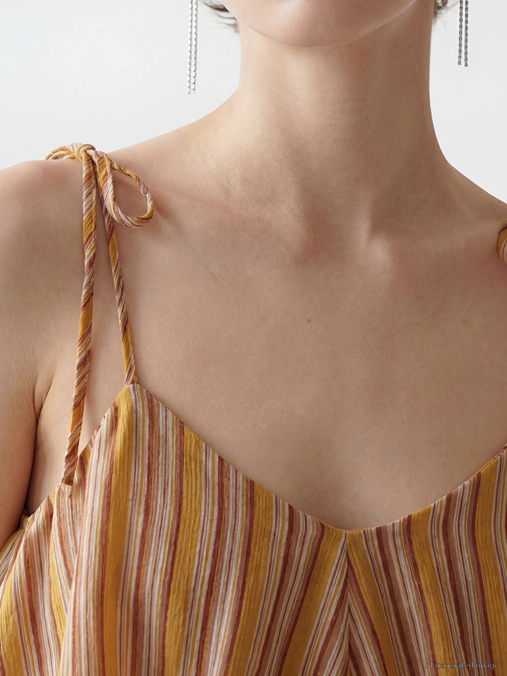 Turuncu İp Askılı Çizgili Fırfırlı Katkat Elbise-3