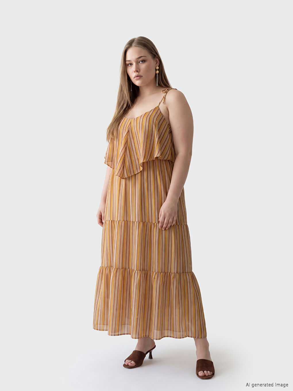 Turuncu İp Askılı Çizgili Fırfırlı Katkat Elbise-1