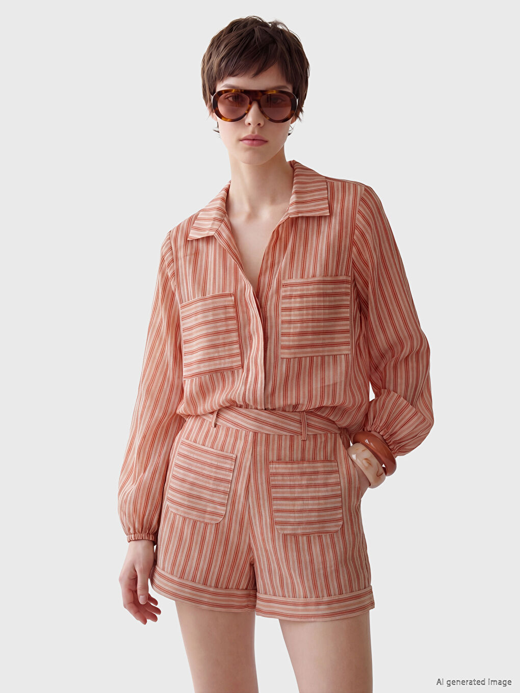 Pembe Çizgili Oversize Vual Kadın Gömlek