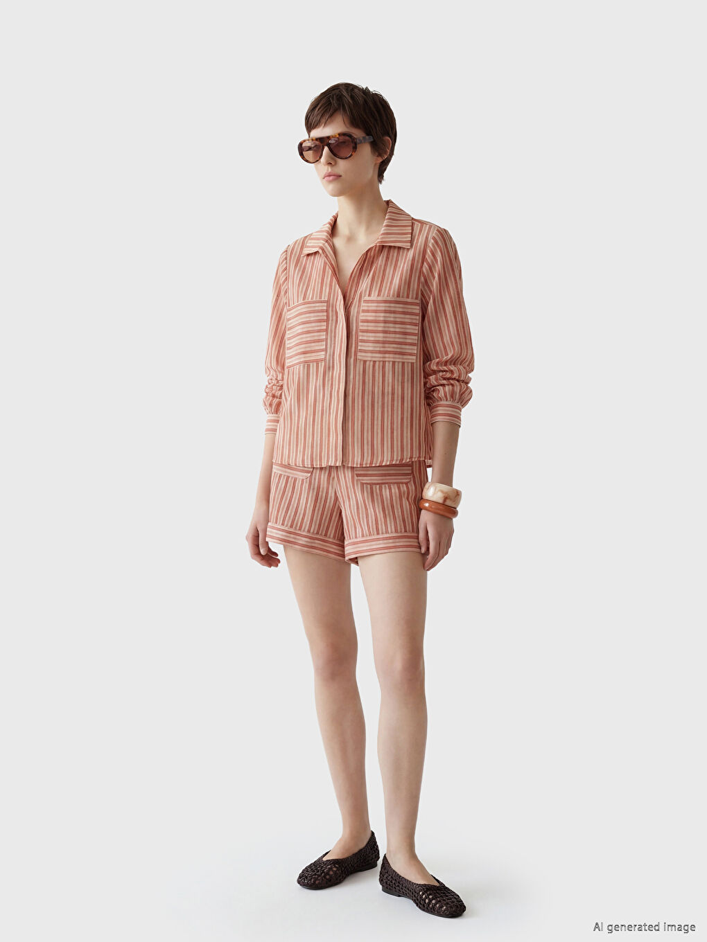 Pembe Yüksek Bel Çizgili Bermuda Fit Kadın Şort