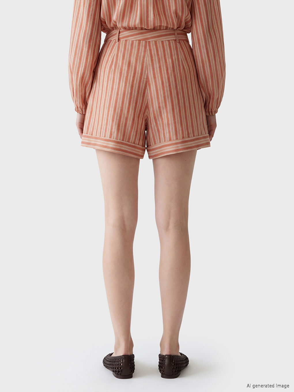 Pembe Yüksek Bel Çizgili Bermuda Fit Kadın Şort-2