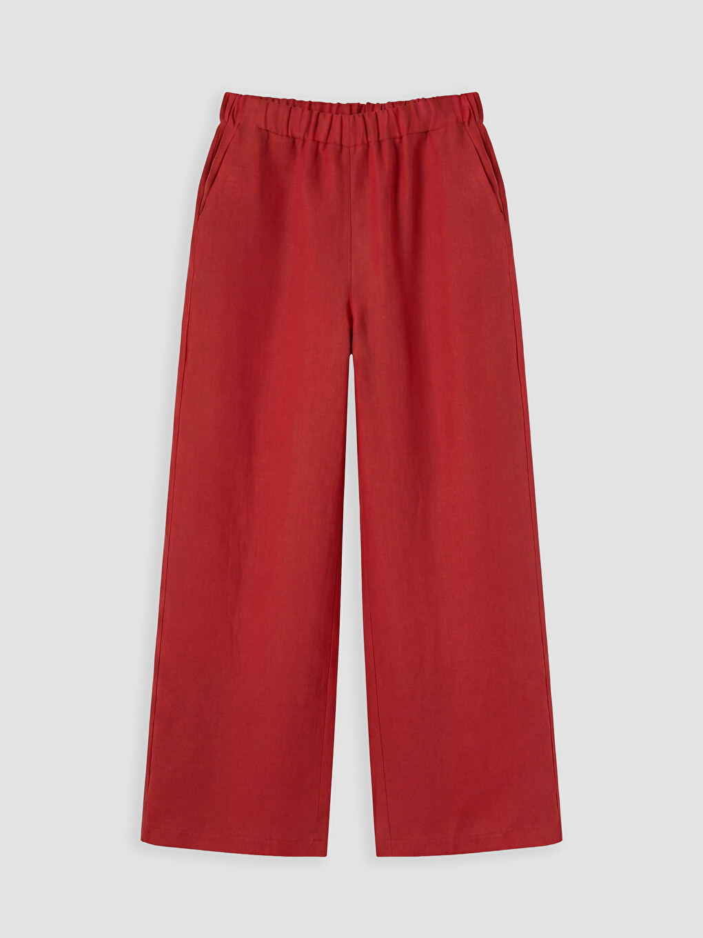 Kırmızı Beli Lastikli %100 Keten Kadın Pantolon-3