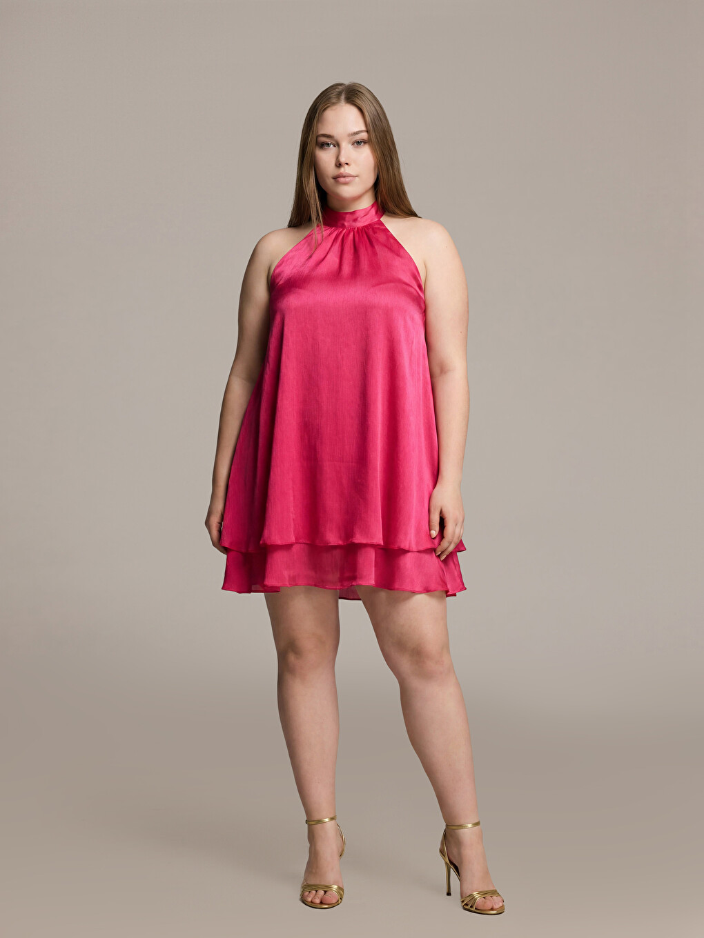 Pembe Halter Yaka A Kesim Mini Elbise-1