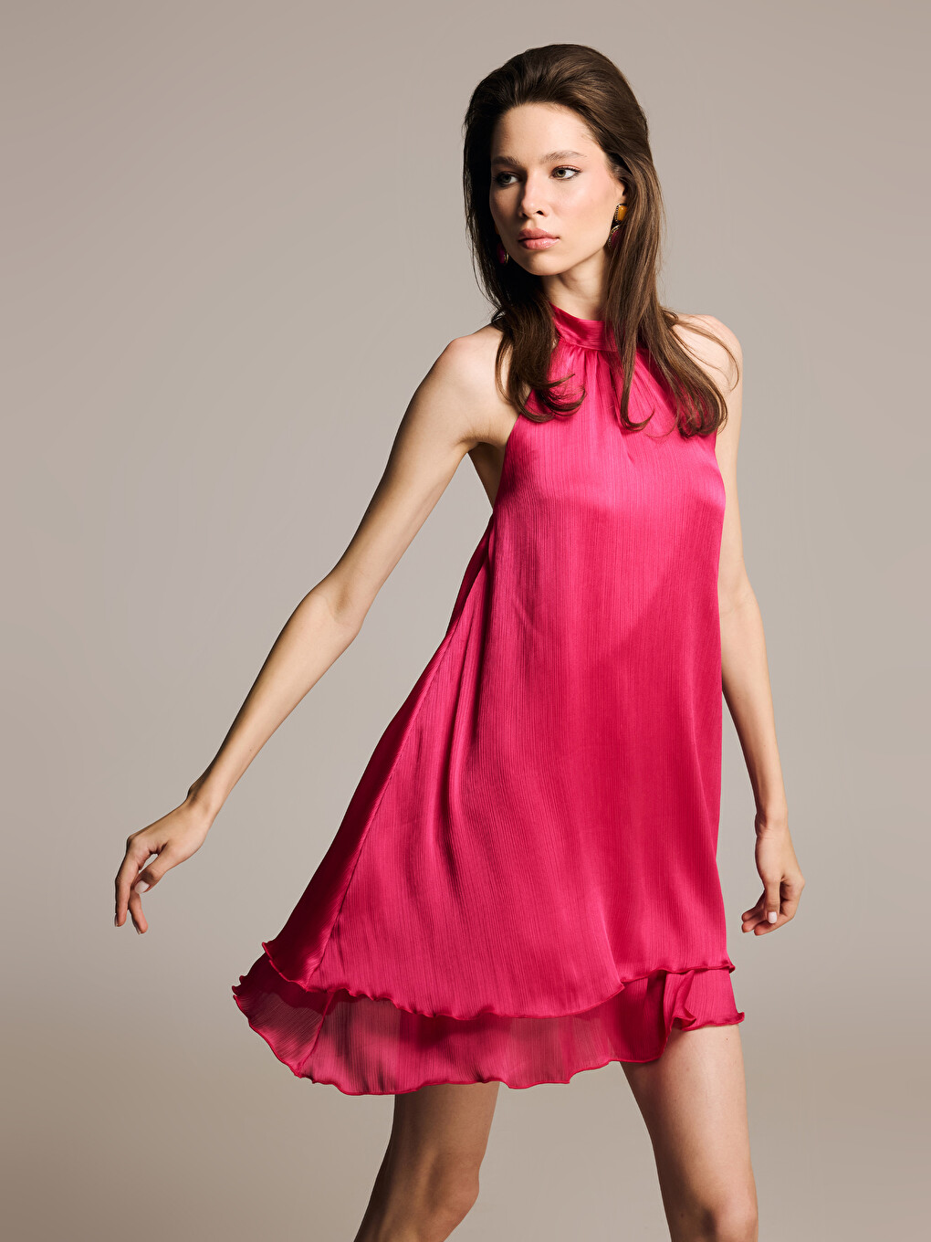 Pembe Halter Yaka A Kesim Mini Elbise