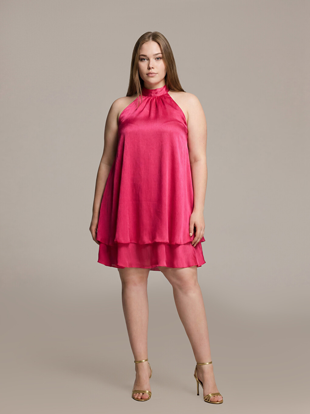 Pembe Halter Yaka A Kesim Mini Abiye Elbise-4