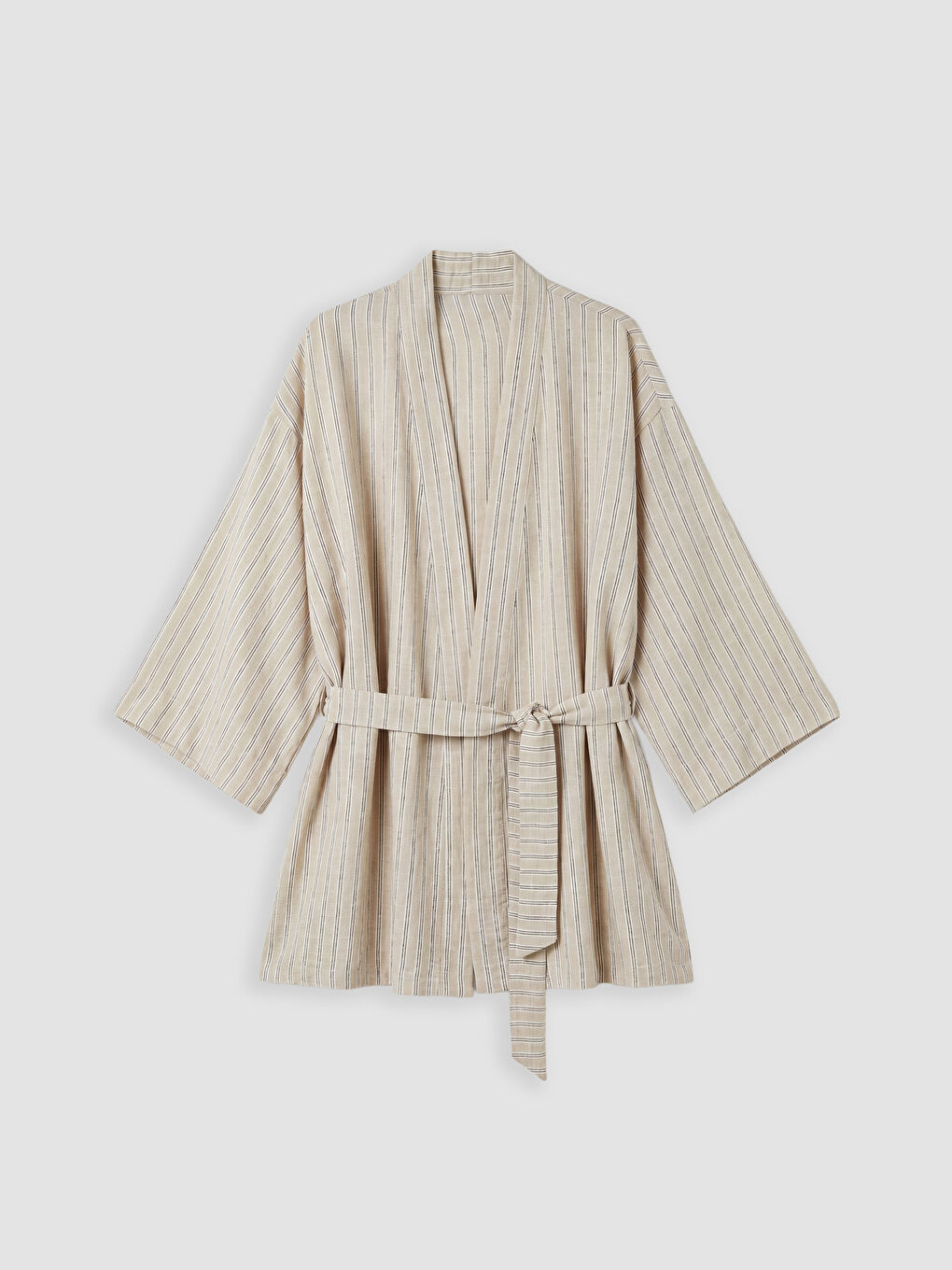 Bej Şal Yaka Keten Görünümlü Kadın Kimono-4