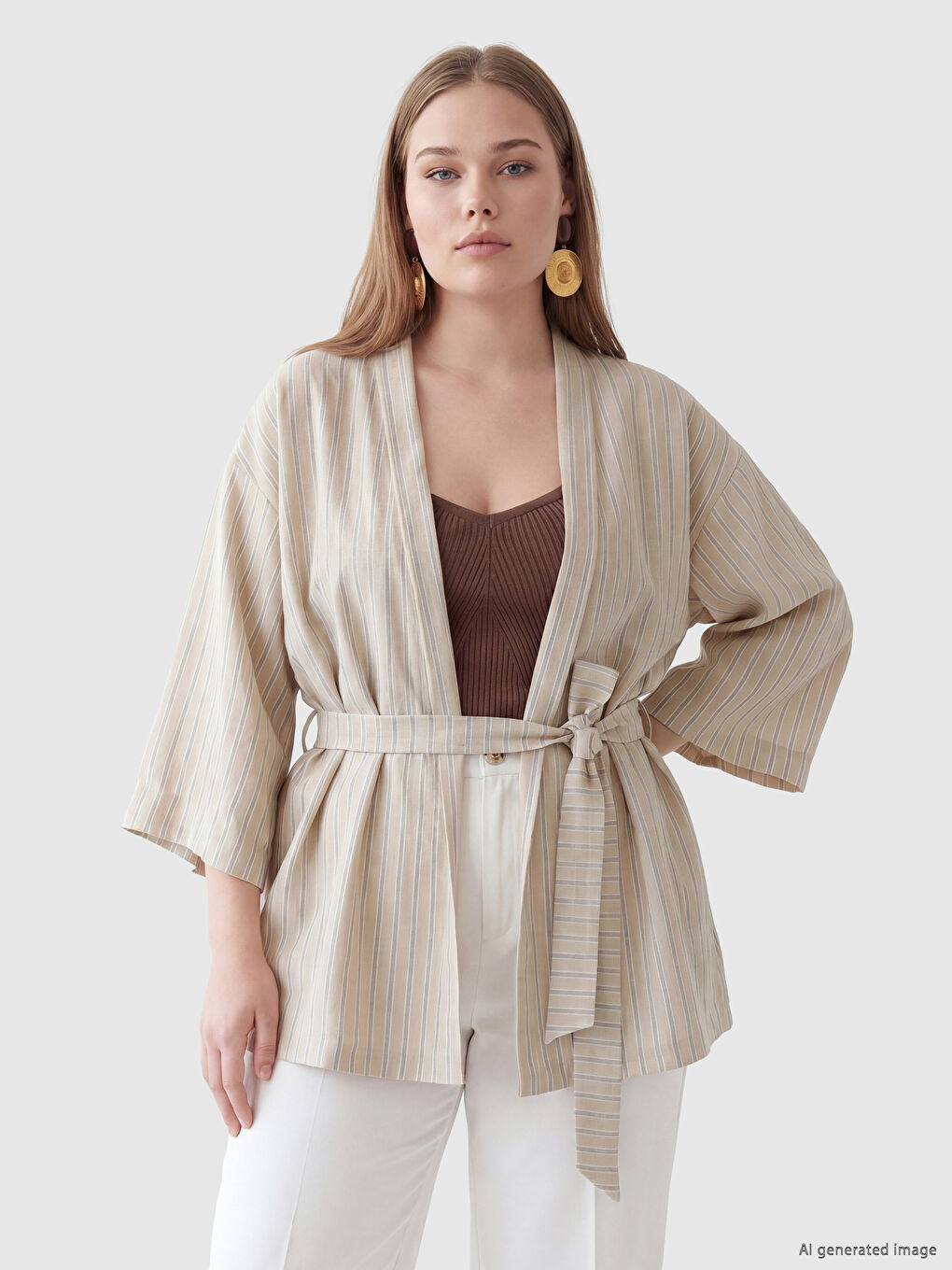 Shawl Collar Linen-Look Women's Kimono-1