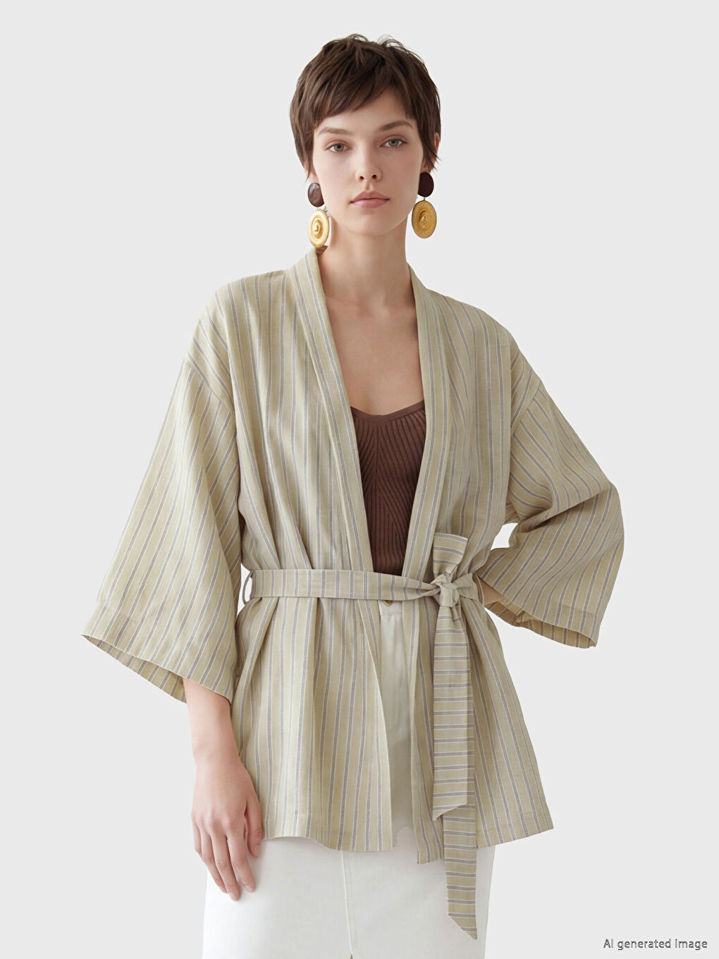 Bej Şal Yaka Keten Görünümlü Kadın Kimono