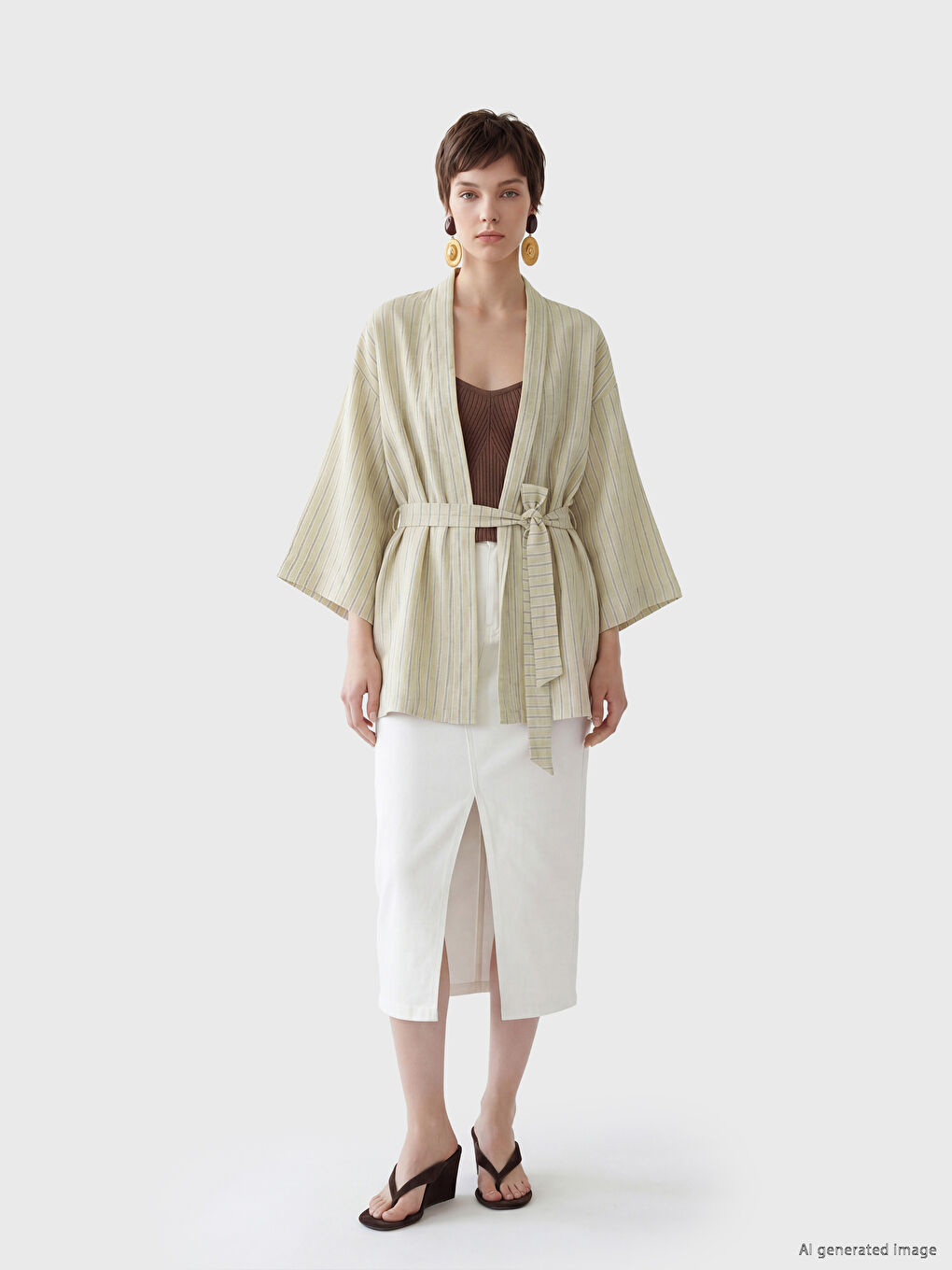 Bej Şal Yaka Keten Görünümlü Kadın Kimono-1