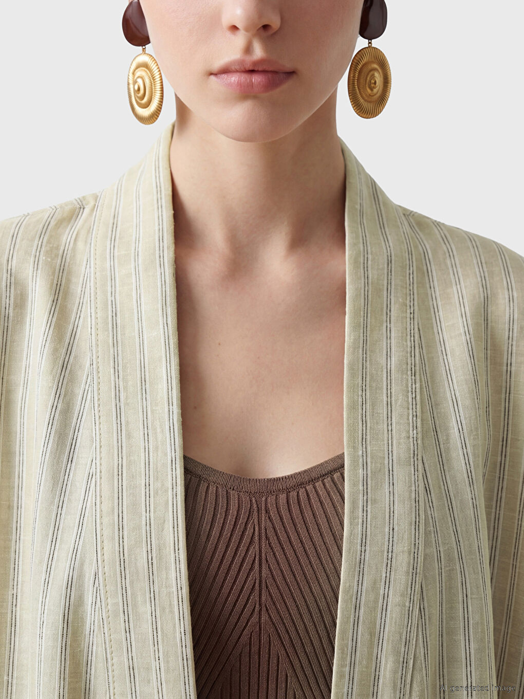 Bej Şal Yaka Keten Görünümlü Kadın Kimono-2