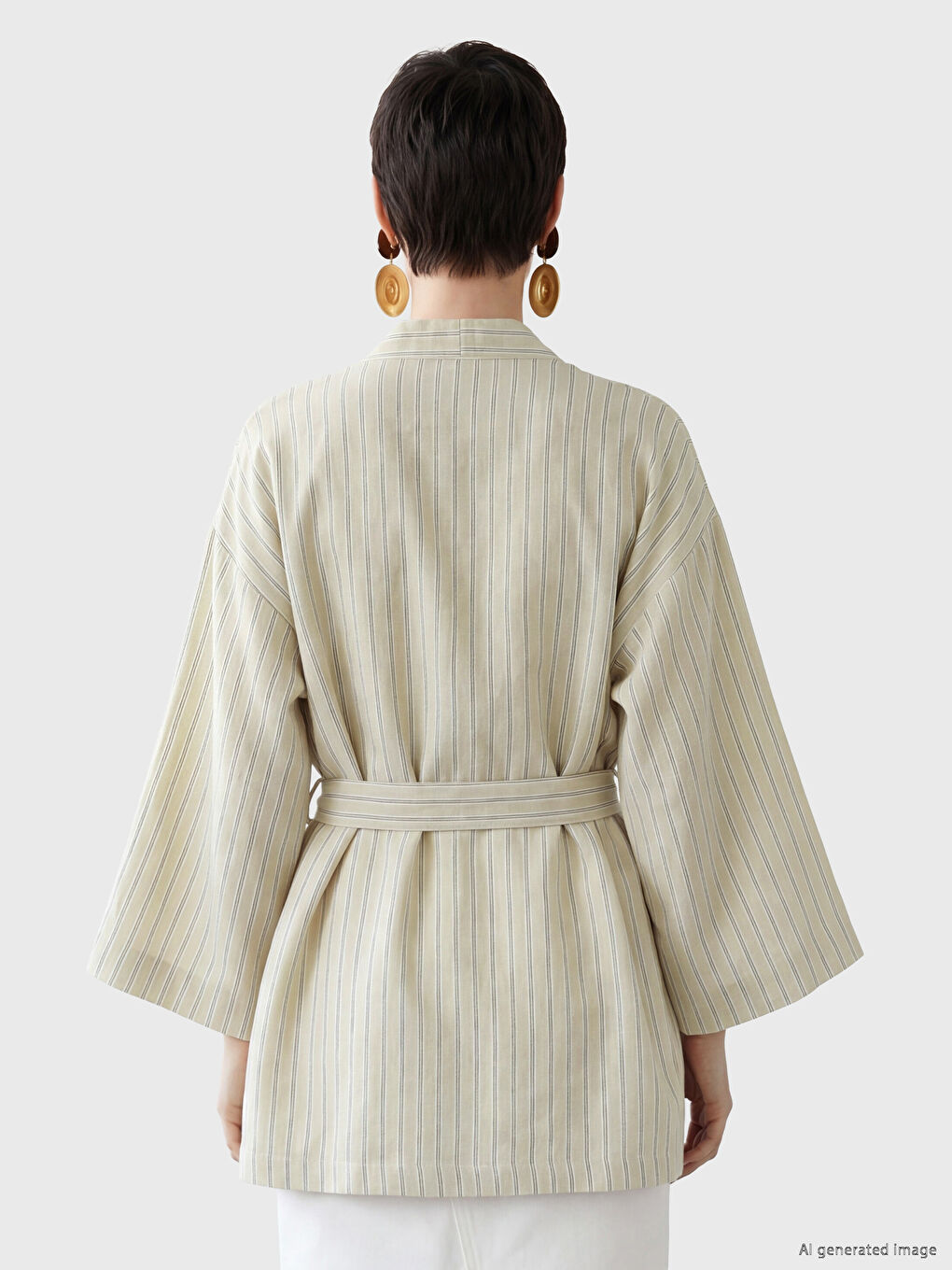 Bej Şal Yaka Keten Görünümlü Kadın Kimono-3