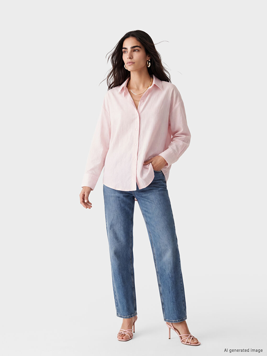 Pembe Çizgili Oversize Kadın Gömlek-1