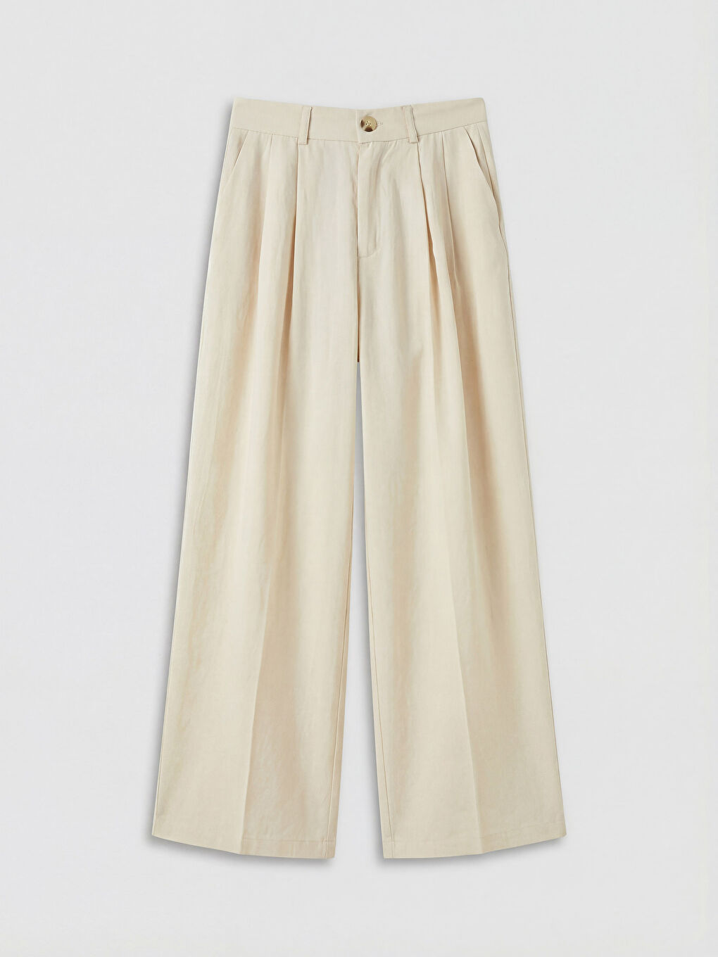 Bej Yüksek Bel Pileli Kadın Kumaş Pantolon