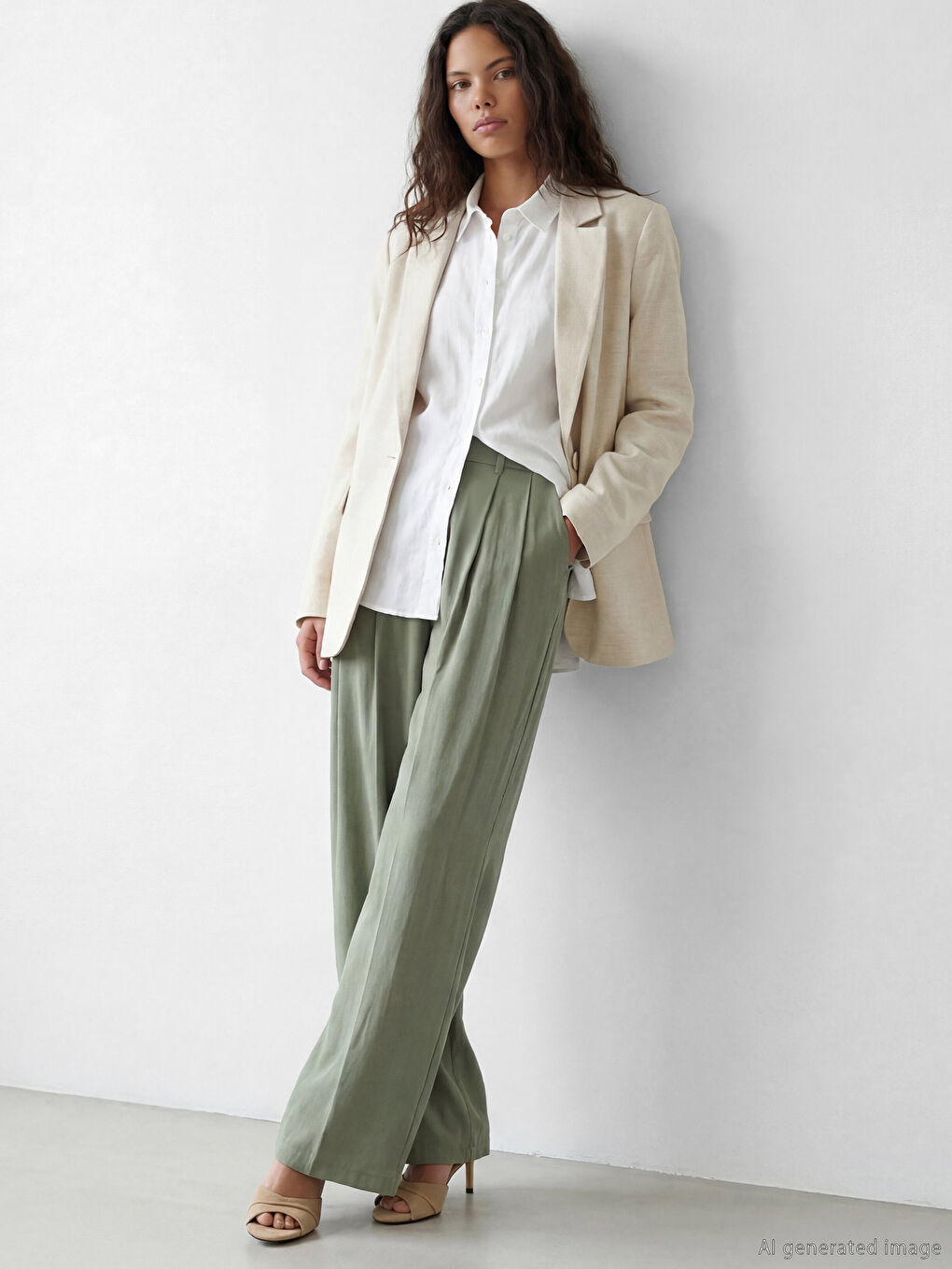 Yeşil Yüksek Bel Pileli Kadın Kumaş Pantolon