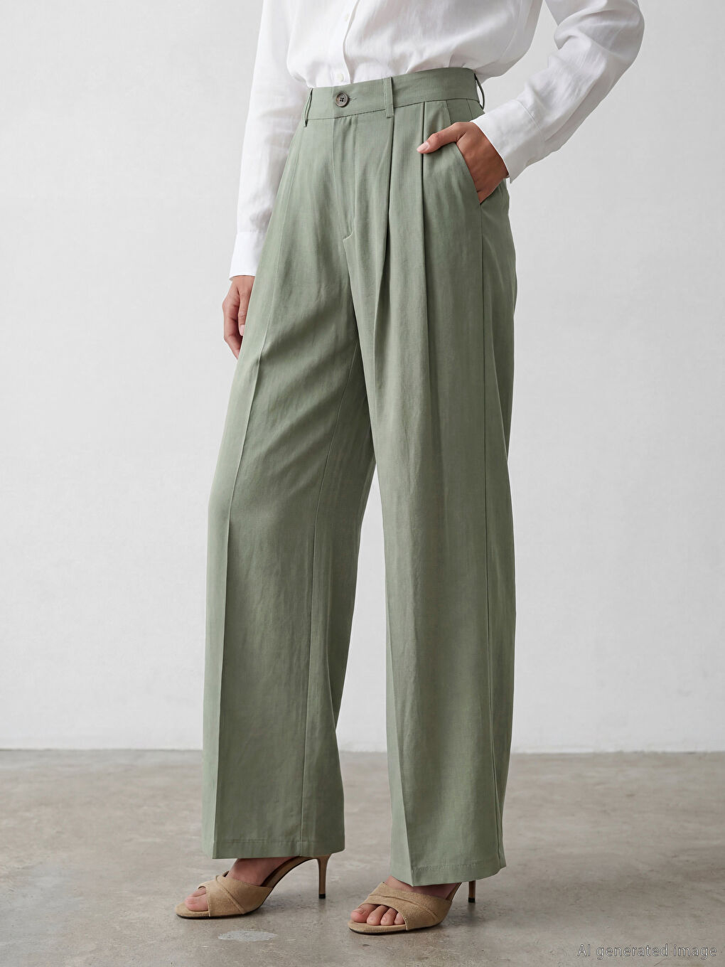 Yeşil Yüksek Bel Pileli Kadın Kumaş Pantolon-1