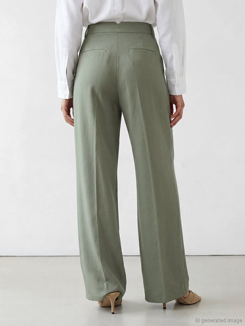 Yeşil Yüksek Bel Pileli Kadın Kumaş Pantolon-2