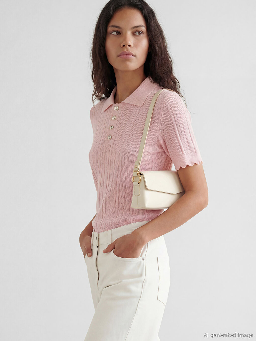 Pembe Polo Yaka Ajurlu Kadın Triko Kazak