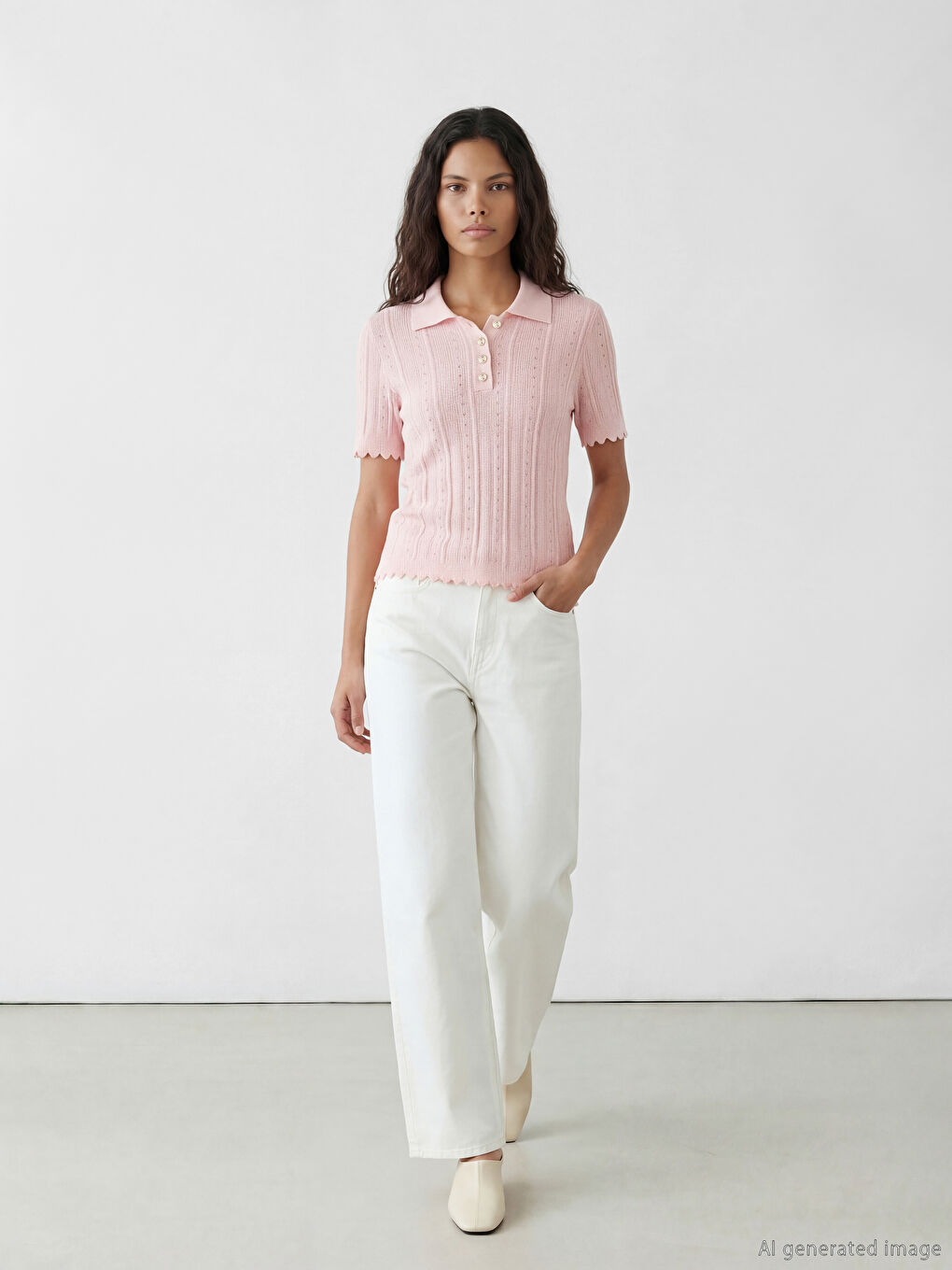 Pembe Polo Yaka Ajurlu Kadın Triko Kazak-1