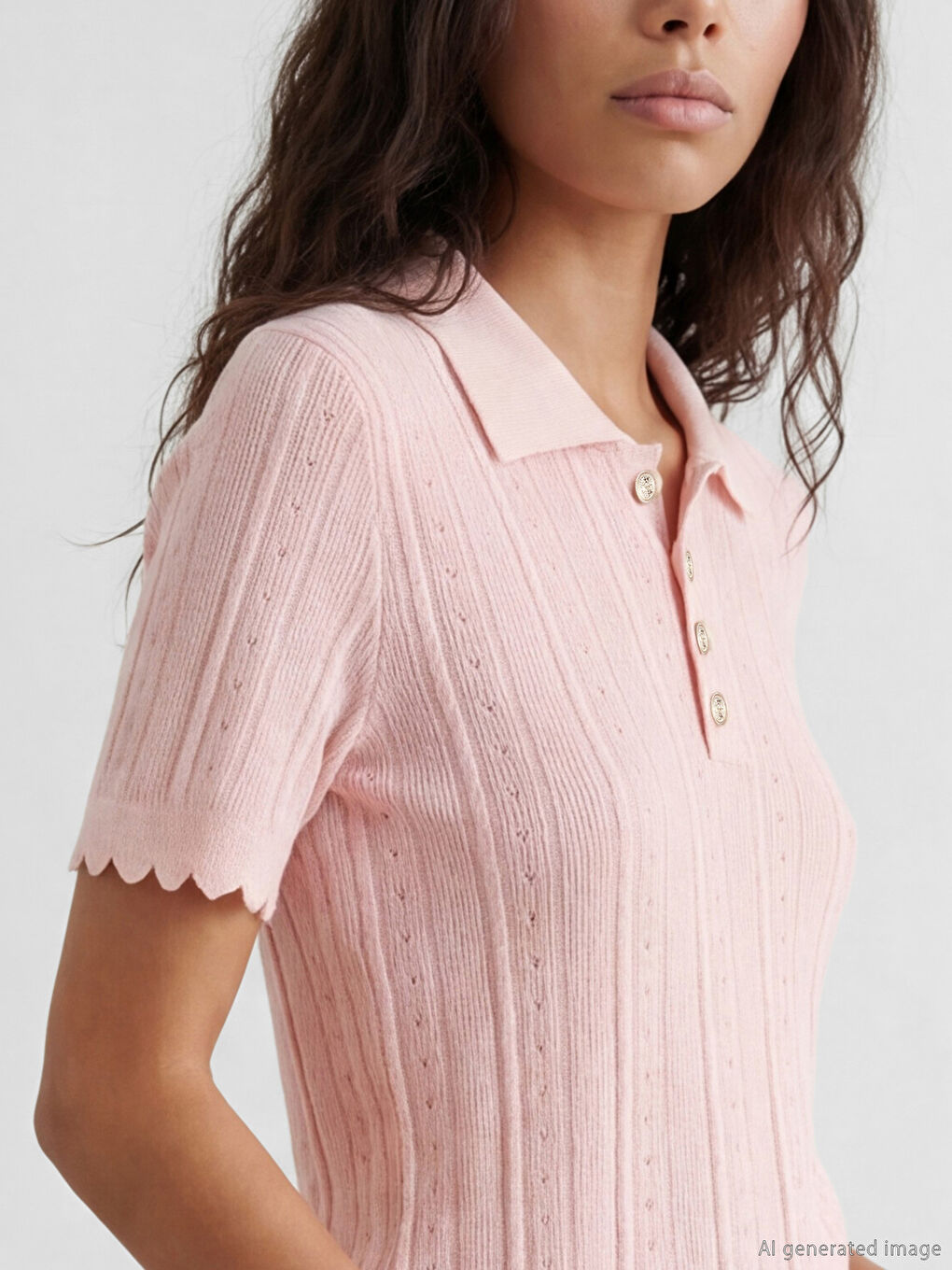 Pembe Polo Yaka Ajurlu Kadın Triko Kazak-2