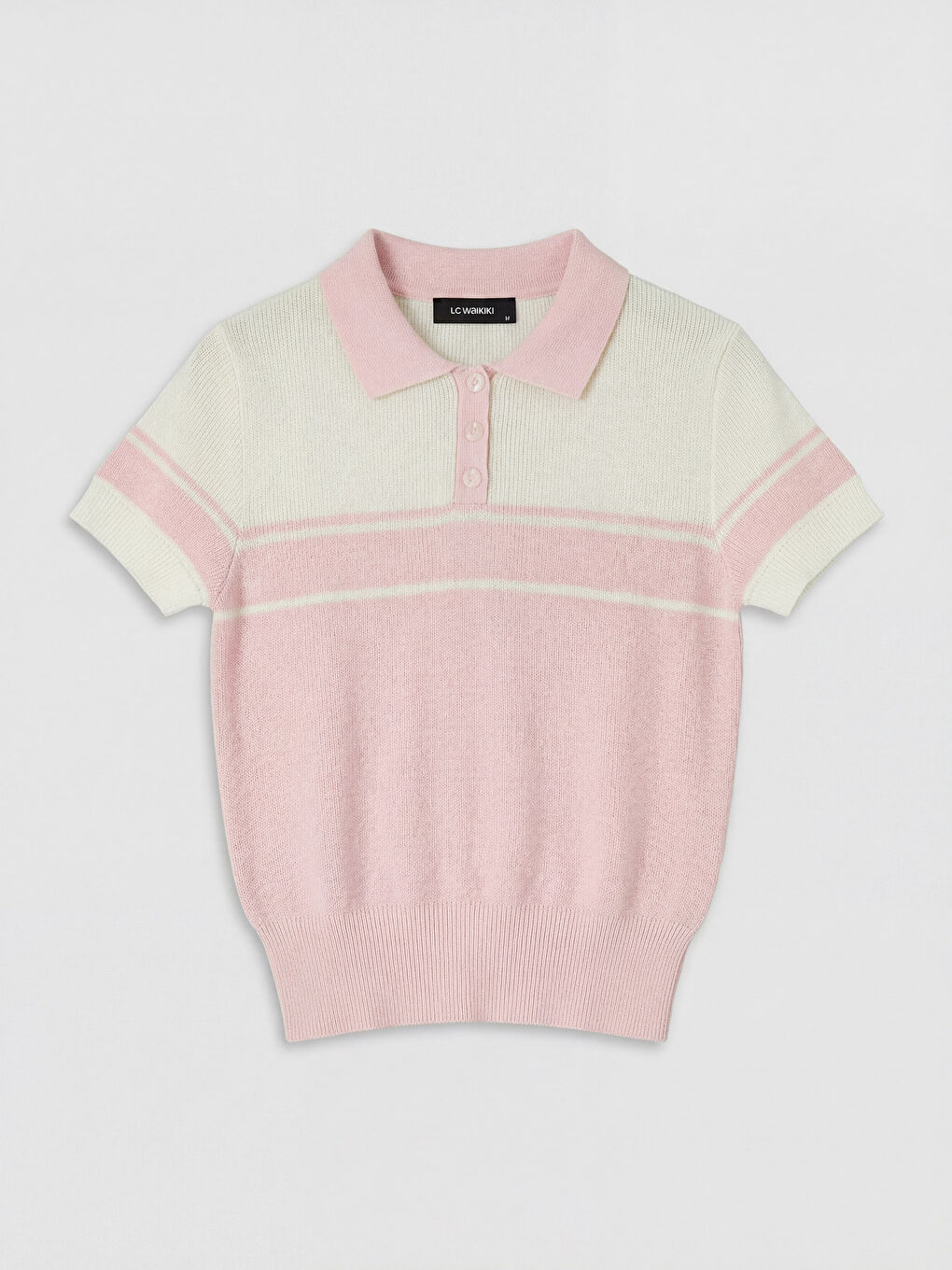 Pembe Polo Yaka Çizgili Kadın Triko Kazak