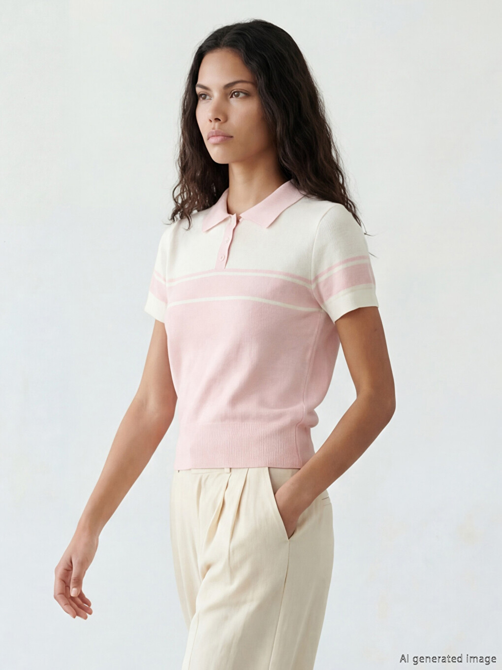 Pembe Polo Yaka Çizgili Kadın Triko Kazak