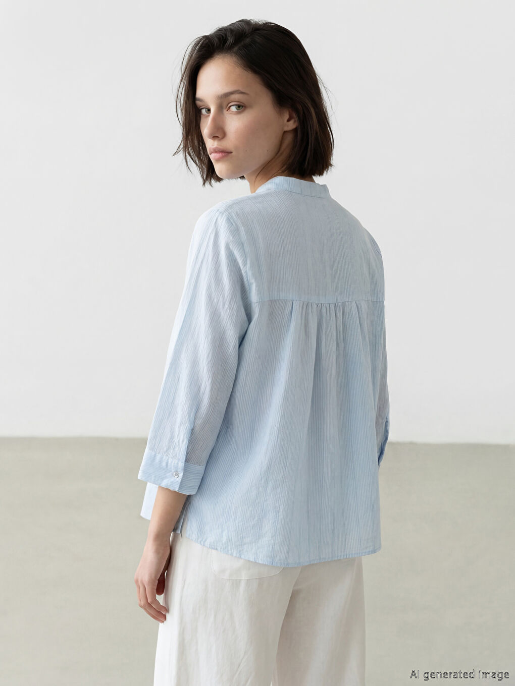 Mavi Hakim Yaka Dokulu Kadın Gömlek-2