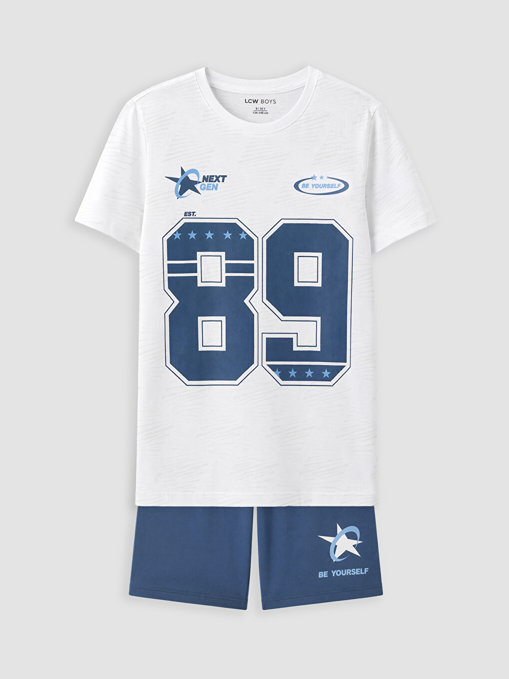 Beyaz Bisiklet Yaka Erkek Çocuk Şortlu Pijama Takımı