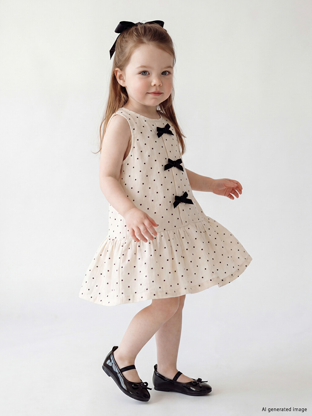 Crew Neck Polka Dot Bowed Baby Girls' Dress-1