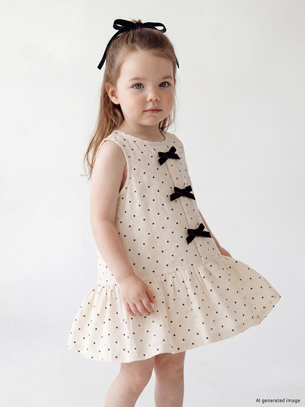 Crew Neck Polka Dot Bowed Baby Girls' Dress-2