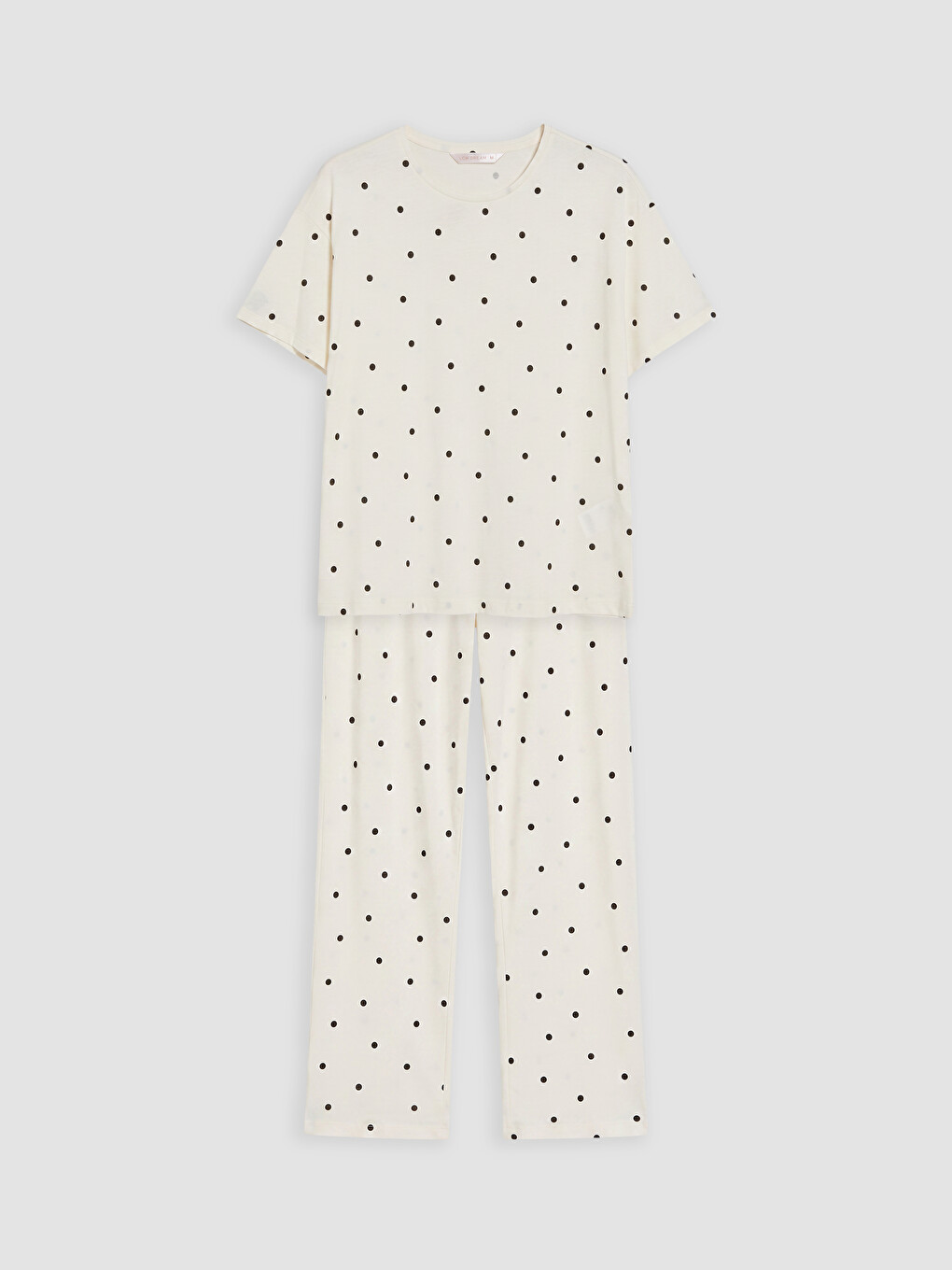 Ekru Bisiklet Yaka Puantiyeli Kadın Pijama Takımı