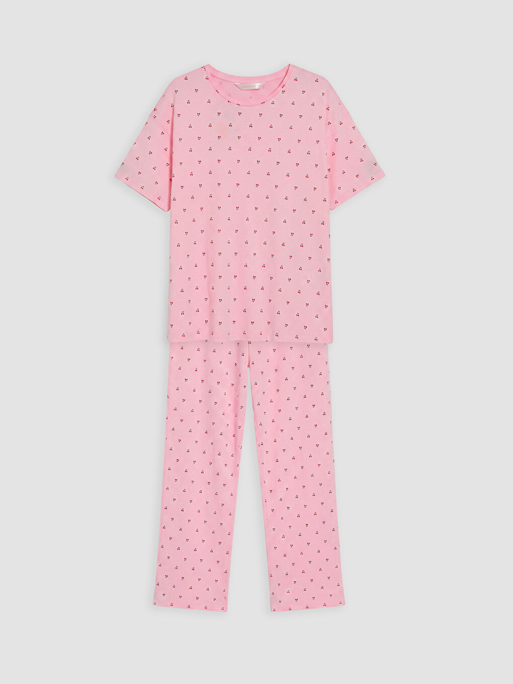 Ekru Bisiklet Yaka Kiraz Baskılı Kadın Pijama Takımı
