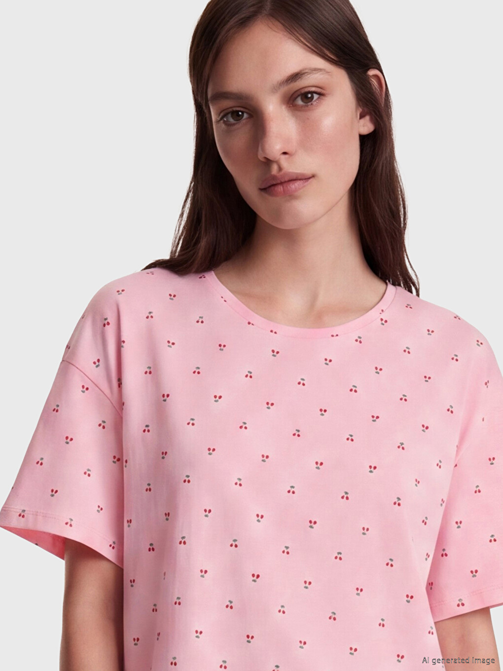 Bisiklet Yaka Kiraz Baskılı Kadın Pijama Takımı-1