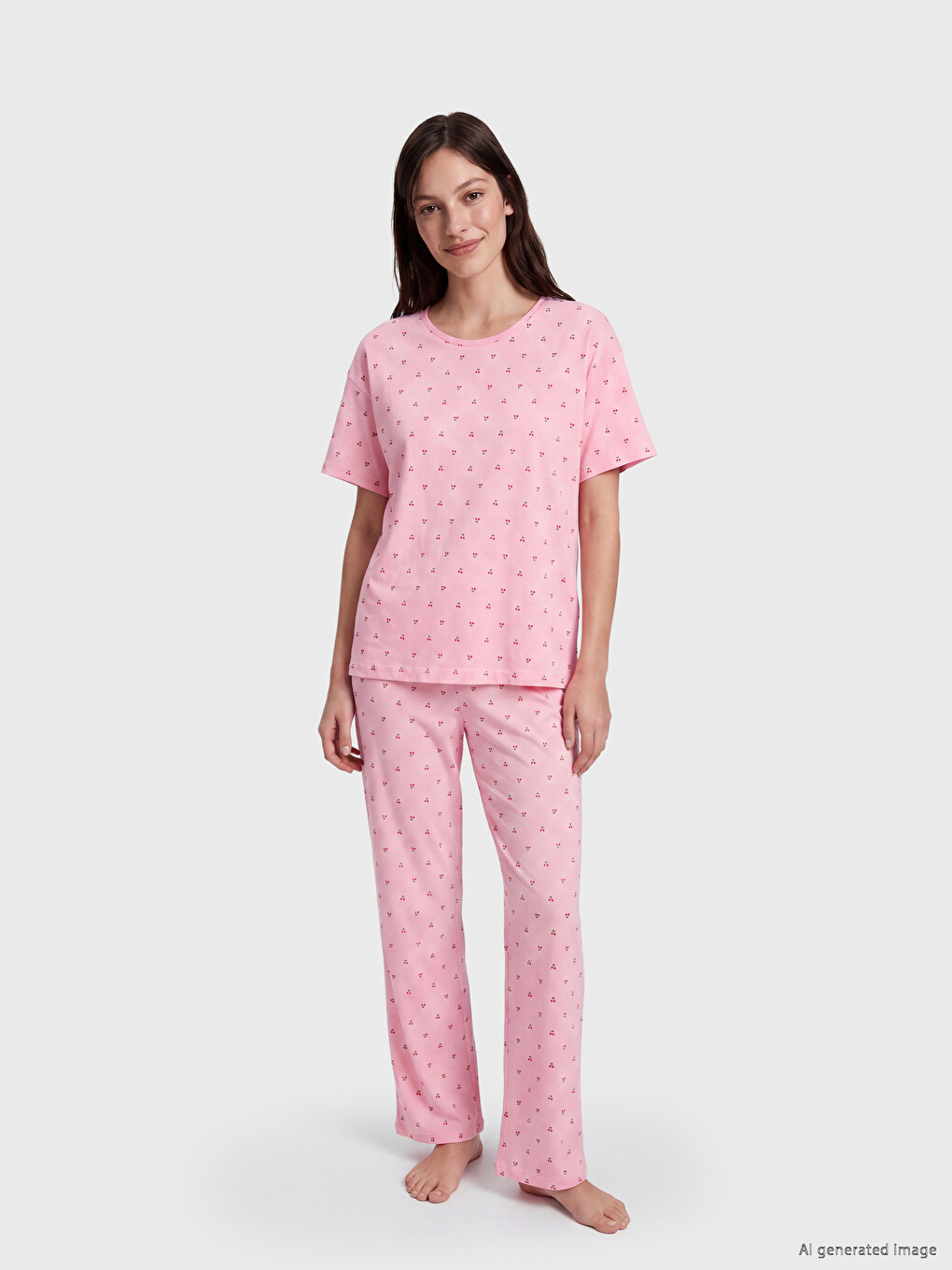 Bisiklet Yaka Kiraz Baskılı Kadın Pijama Takımı-2