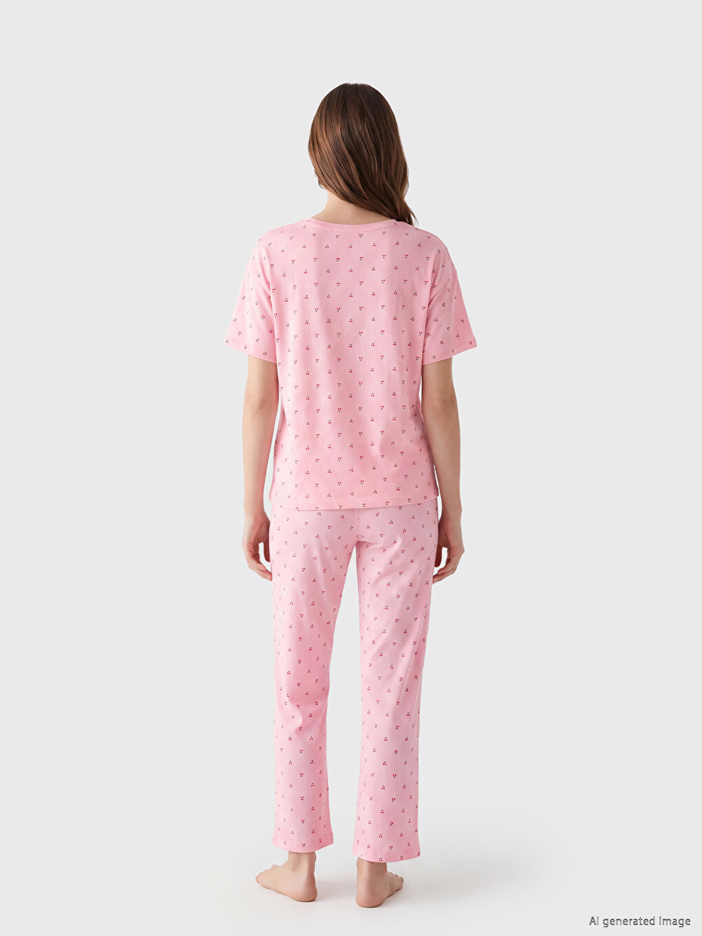 Bisiklet Yaka Kiraz Baskılı Kadın Pijama Takımı-3