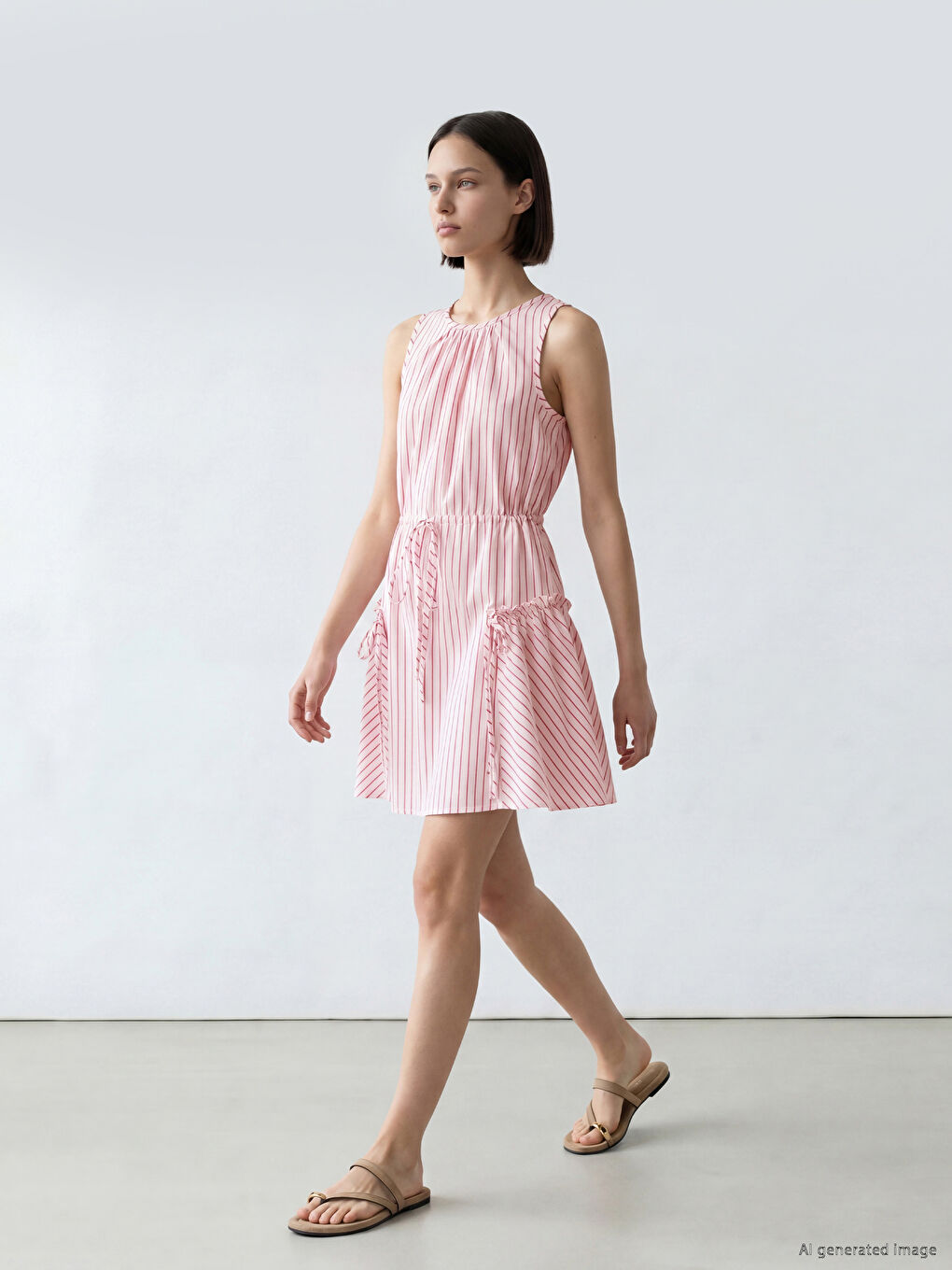 Pembe Bisiklet Yaka Çizgili Mini Elbise