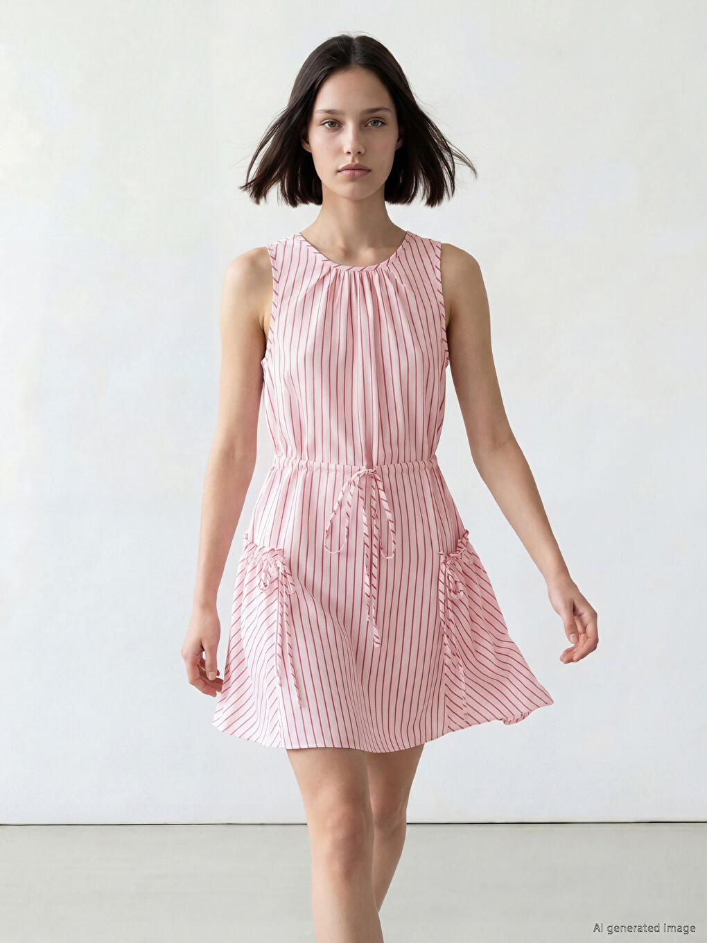 Pembe Bisiklet Yaka Çizgili Mini Elbise-1