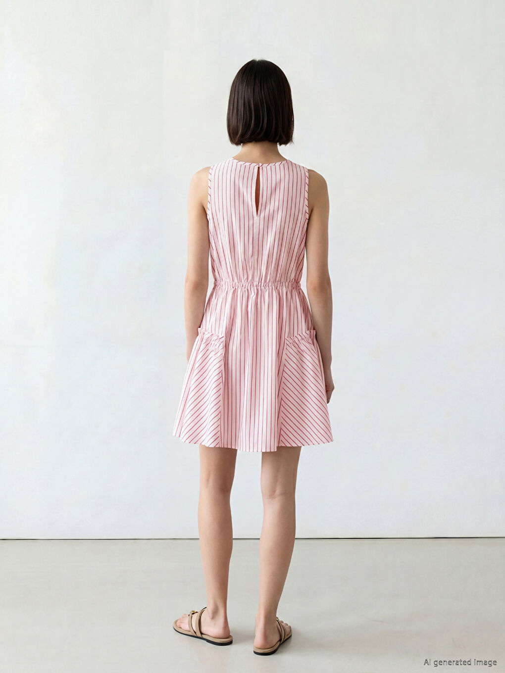 Pembe Bisiklet Yaka Çizgili Mini Elbise-3