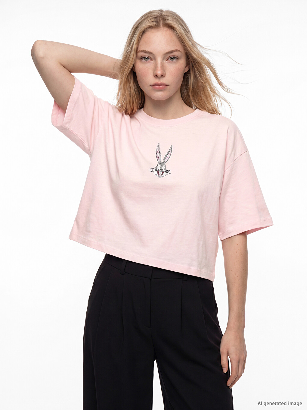 Pembe Bugs Bunny Baskılı %100 Pamuklu Kadın Tişört