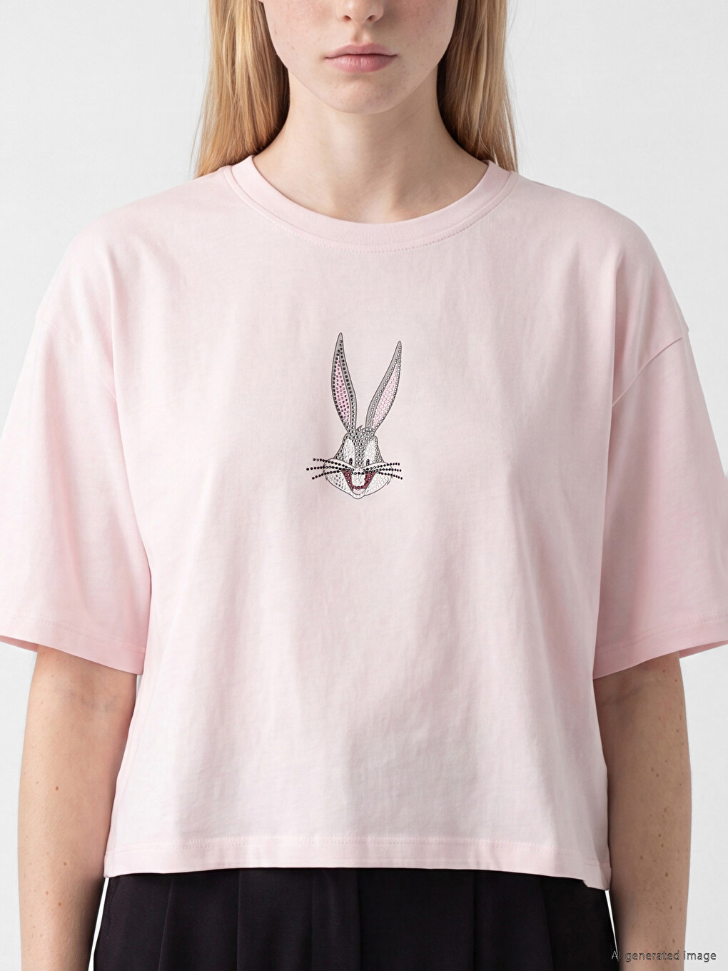 Pembe Bugs Bunny Baskılı %100 Pamuklu Kadın Tişört-2