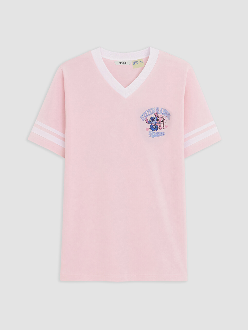 Pembe Stitch Baskılı %100 Pamuklu Oversize Kadın Tişört-1