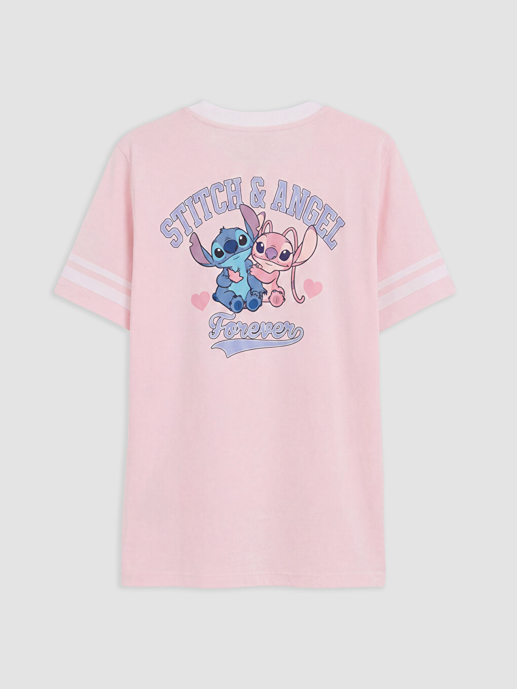 Pembe Stitch Baskılı %100 Pamuklu Oversize Kadın Tişört-2