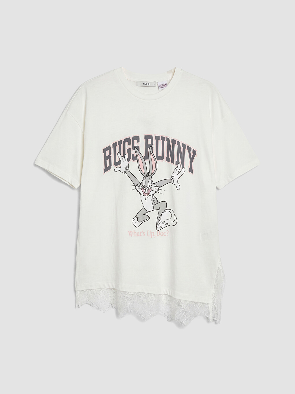 Beyaz Bugs Bunny Baskılı Dantel Detaylı Bluz