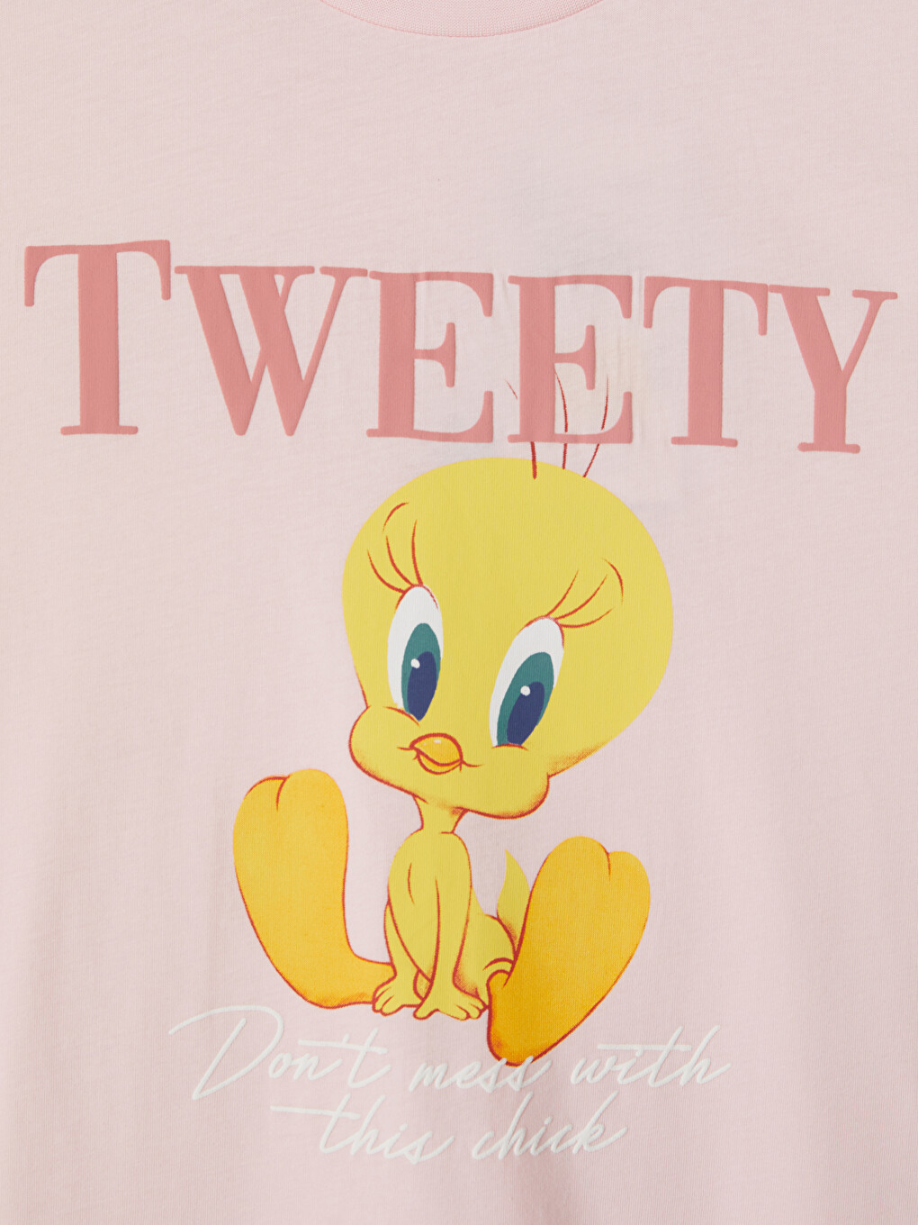Pembe Bisiklet Yaka Tweety Baskılı Kadın Tişört-2