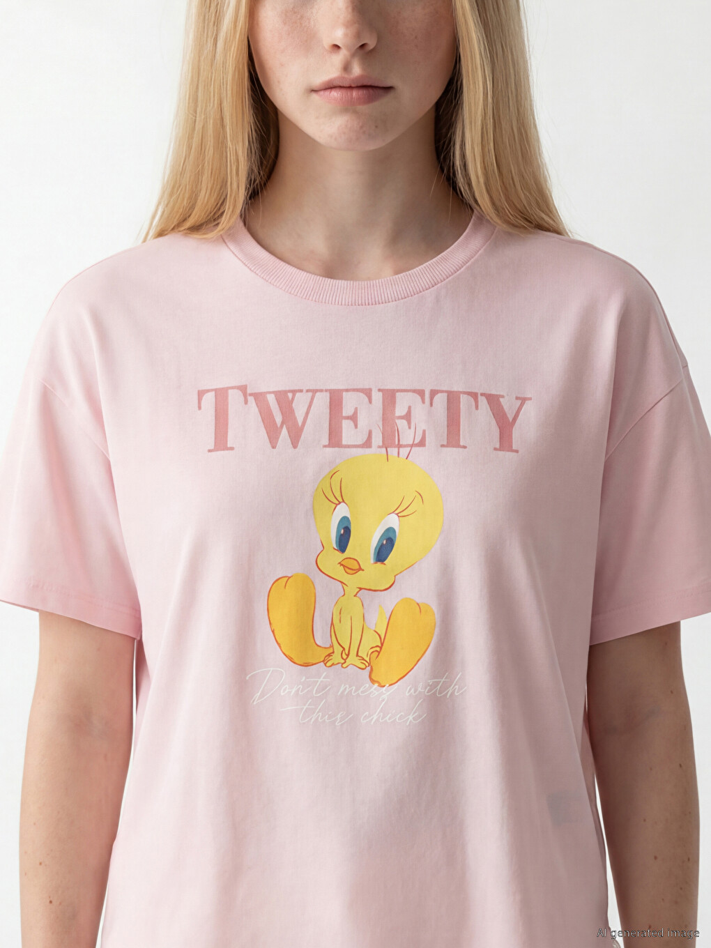 Pembe Tweety Baskılı Dantel Detaylı Kadın Tişört-2
